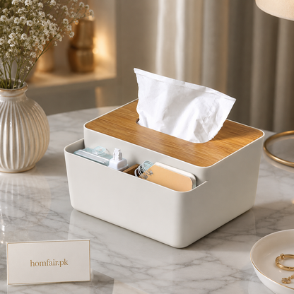 Premium Tissue Box Organizer with Bamboo Lid & Storage Compartment