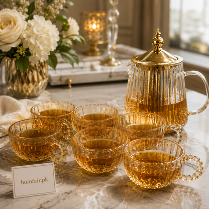 Premium Glass Tea Pot Set with 6 Luxury Tea Cups