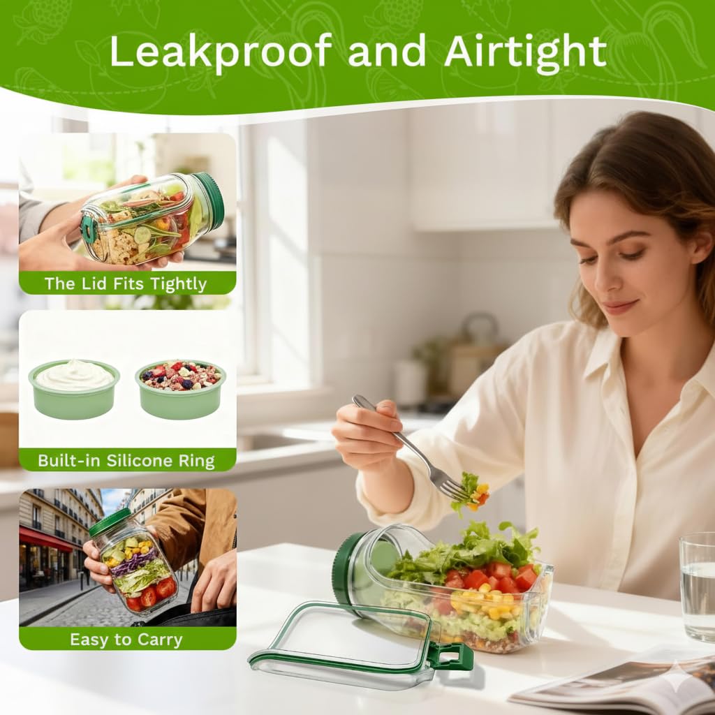 FreshVault Luxe Leakproof Salad Jar – Portable Food Container with Dressing Cup Premium On-the-Go Meal Bottle