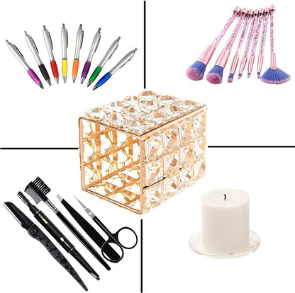 Crystal Makeup Brush & Candle Holder Elegant Desk Organizer