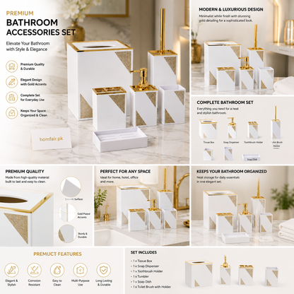 6-Piece Luxury Bathroom Accessories Set | Soap Dispenser, Tissue Box & Toilet Brush Holder
