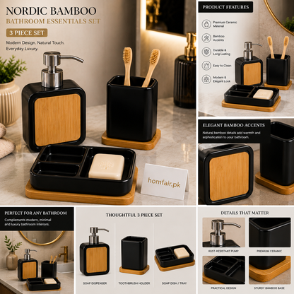 Nordic Bamboo Bathroom Essentials Set – 3 Piece