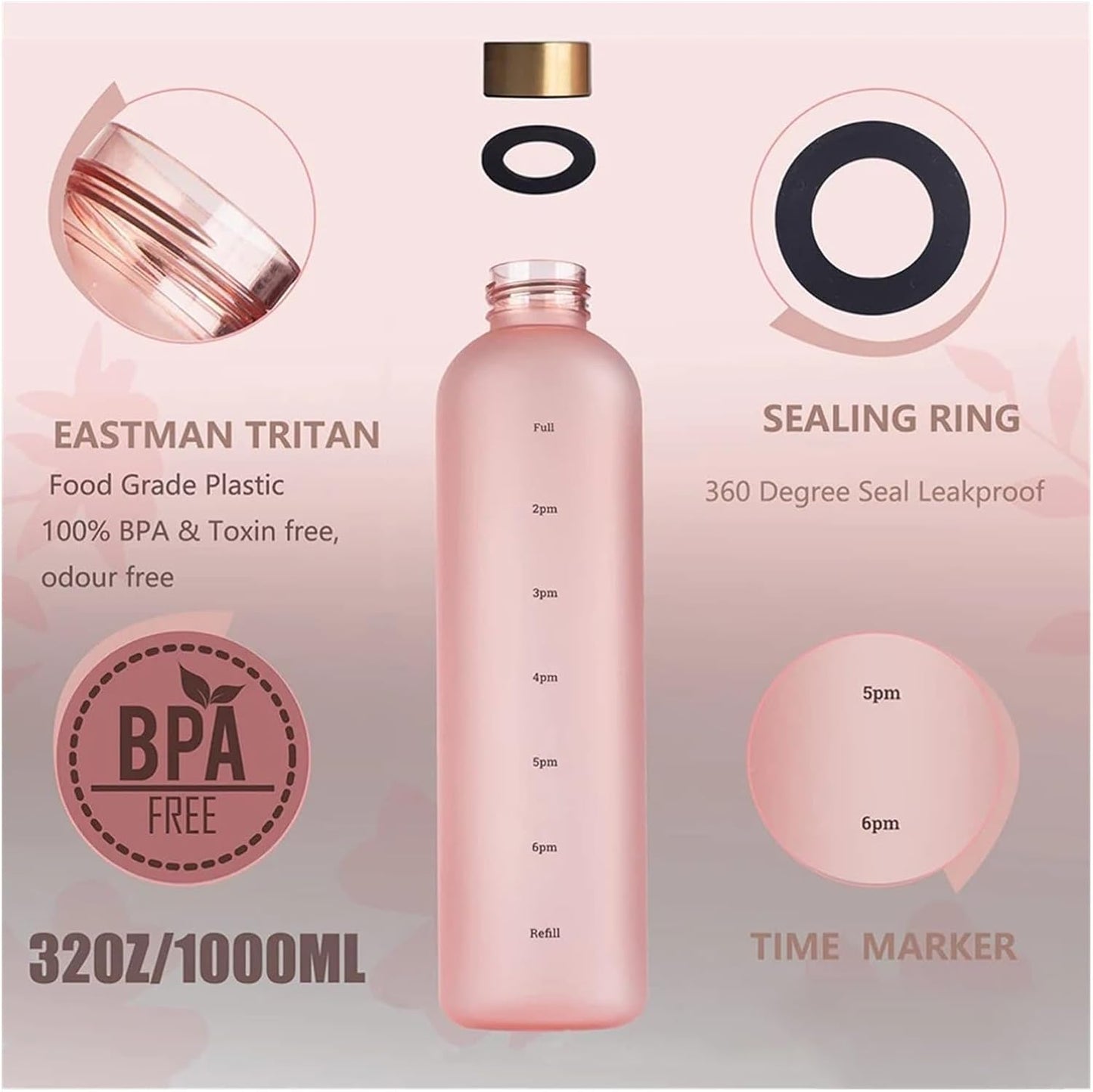 1L Motivational Water Bottle with Time Marker Acrylic Drink Tracker