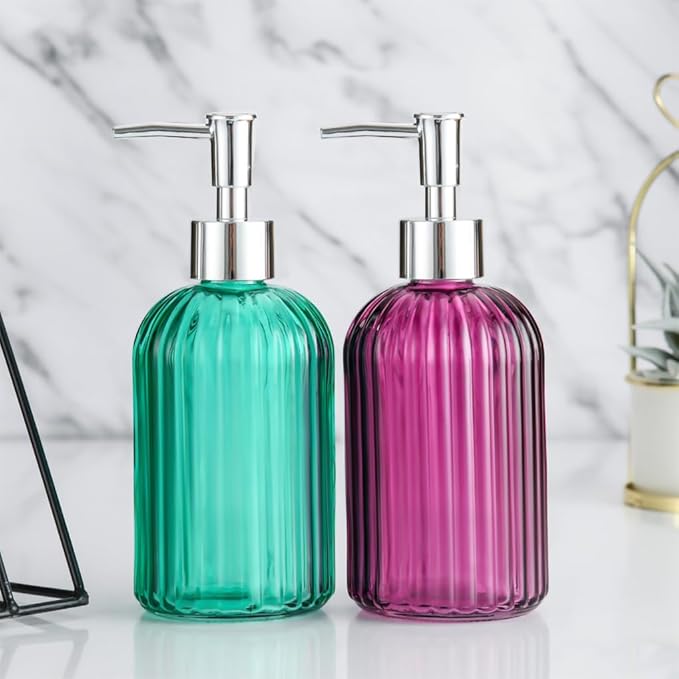 Glass Soap Dispenser Bottles with Silver Pump, 400ml Refillable Vertical Stripe Design (Random Colours)