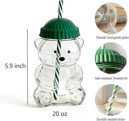 Bear Shaped Glass Tumbler with Straw & Lid – Cute Drinking Cup
