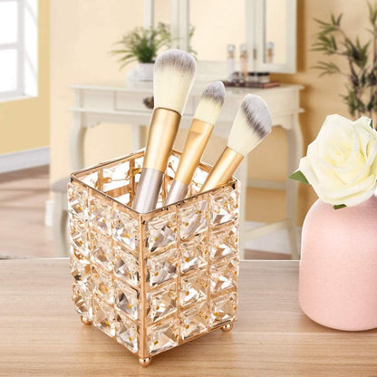 Crystal Makeup Brush & Candle Holder Elegant Desk Organizer