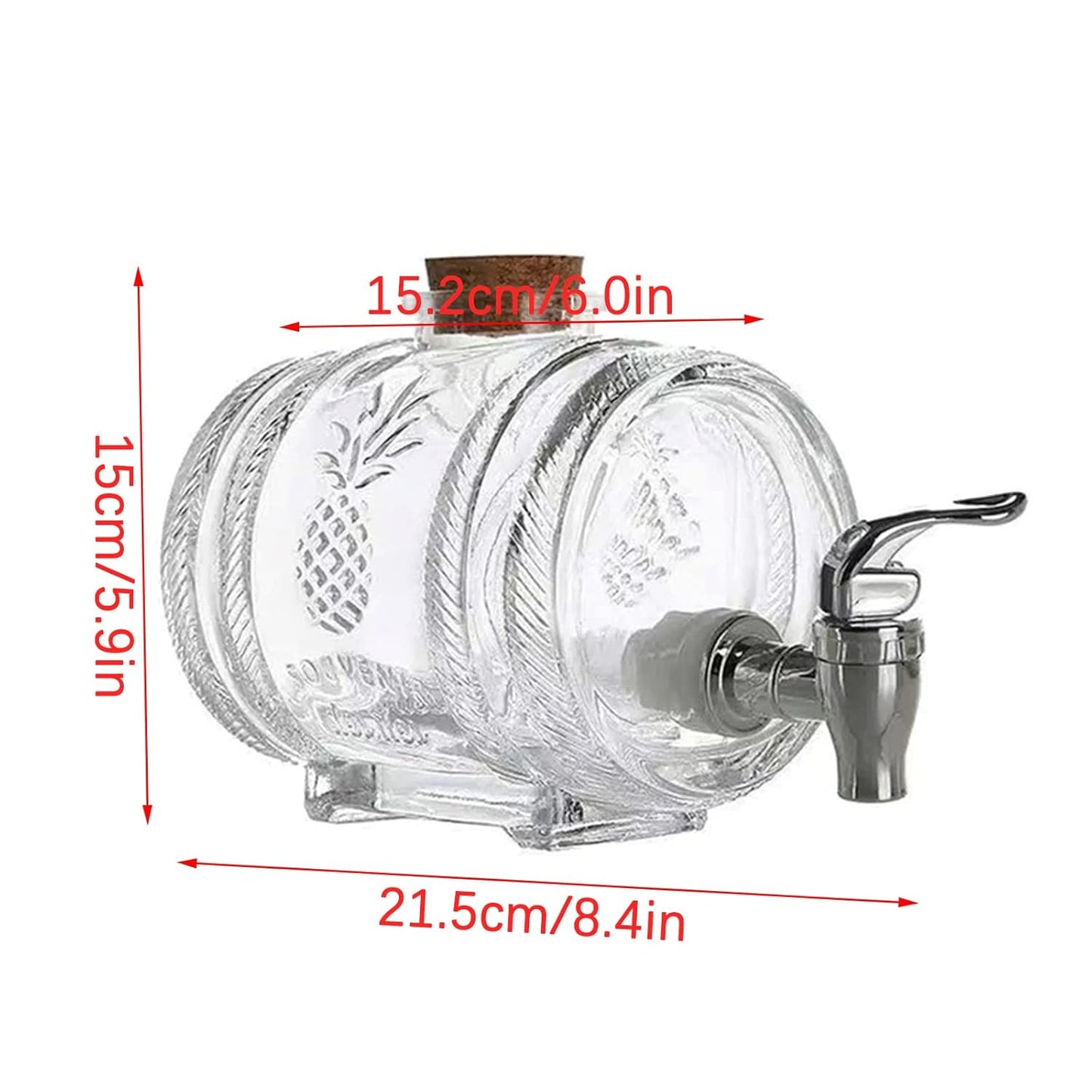 Glass Barrel Beverage Dispenser With Wooden Stand And Top Pineapple Embossed Drink Server