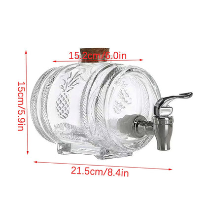 Glass Barrel Beverage Dispenser With Wooden Stand And Top Pineapple Embossed Drink Server