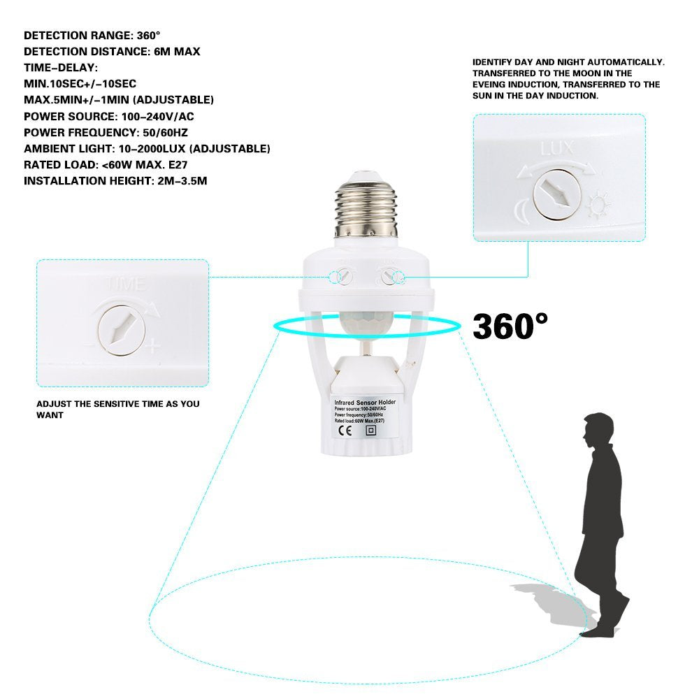 Infrared Motion Sensor Lamp Holder Auto On/Off Light Socket