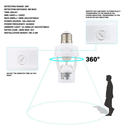 Infrared Motion Sensor Lamp Holder Auto On/Off Light Socket
