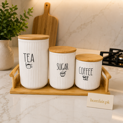 3-Piece Ceramic Kitchen Storage Jar Set with Bamboo Lids & Wooden Tray