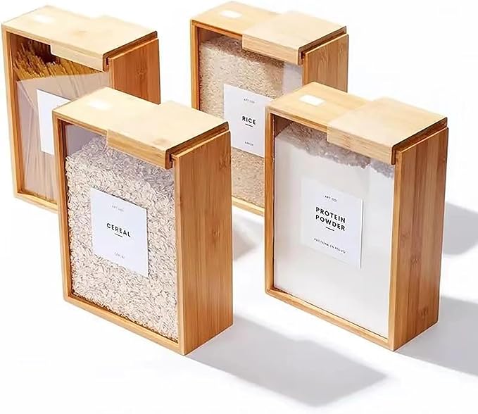 Bamboo Wooden Grain Storage Box Airtight Food Container for Kitchen