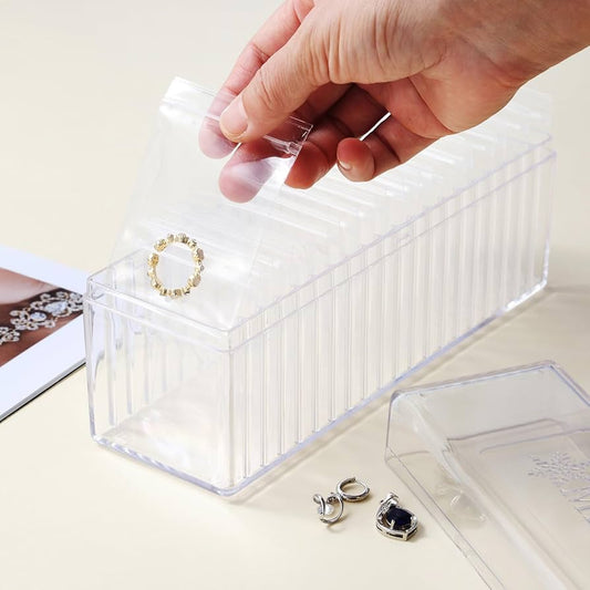 Clear Jewellery Organizer Box with 20 PVC Resealable Zip Bags – Compact Storage for Rings, Earrings, Necklaces & Accessories