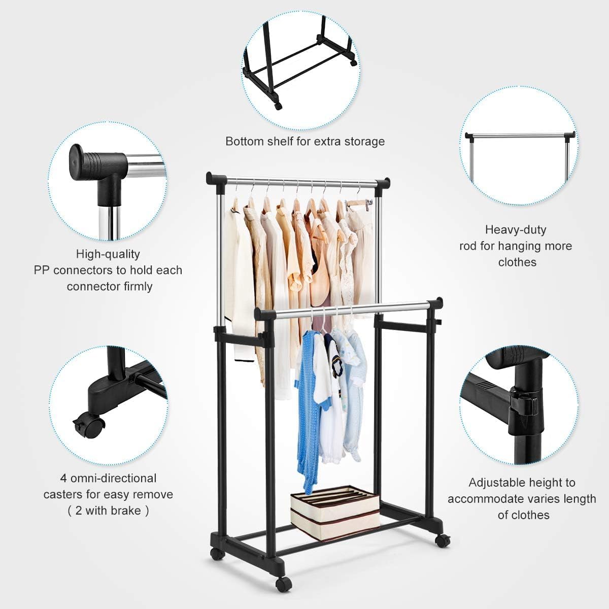 Double-Pole 2 Layer Cloth Hanging Rack Adjustable Clothes Organize