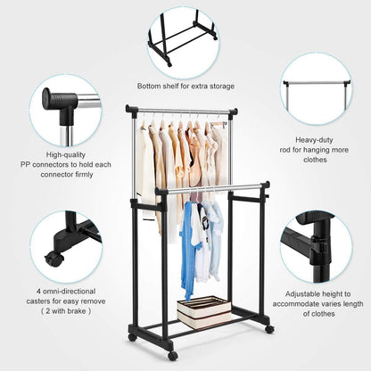 Double-Pole 2 Layer Cloth Hanging Rack Adjustable Clothes Organize