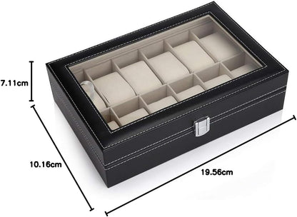 Luxury 12-Slot Watch Organizer Box with Glass Display Lid