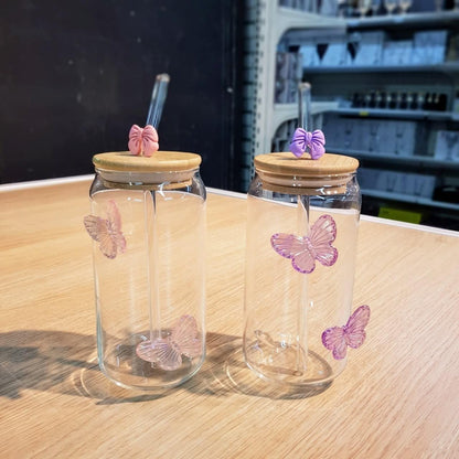 Butterfly Ice Tea Glass with Bamboo Lid & Straw