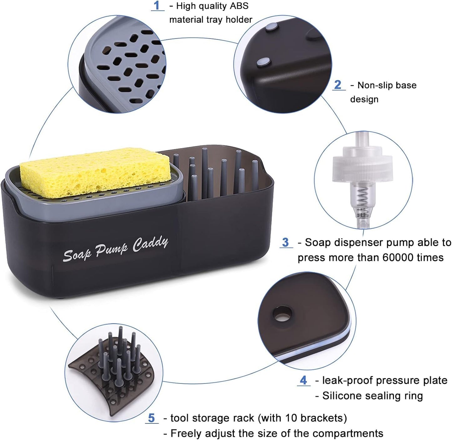 3 in 1 Soap Pump Dispenser with Sponge Holder and Storage Tray