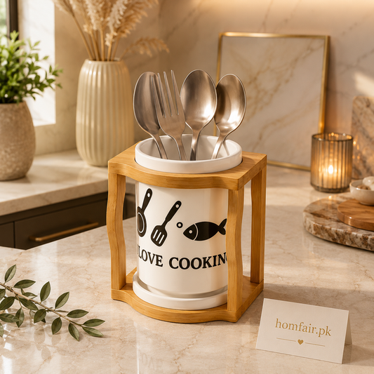 Premium Ceramic Utensil Holder with Wooden Stand