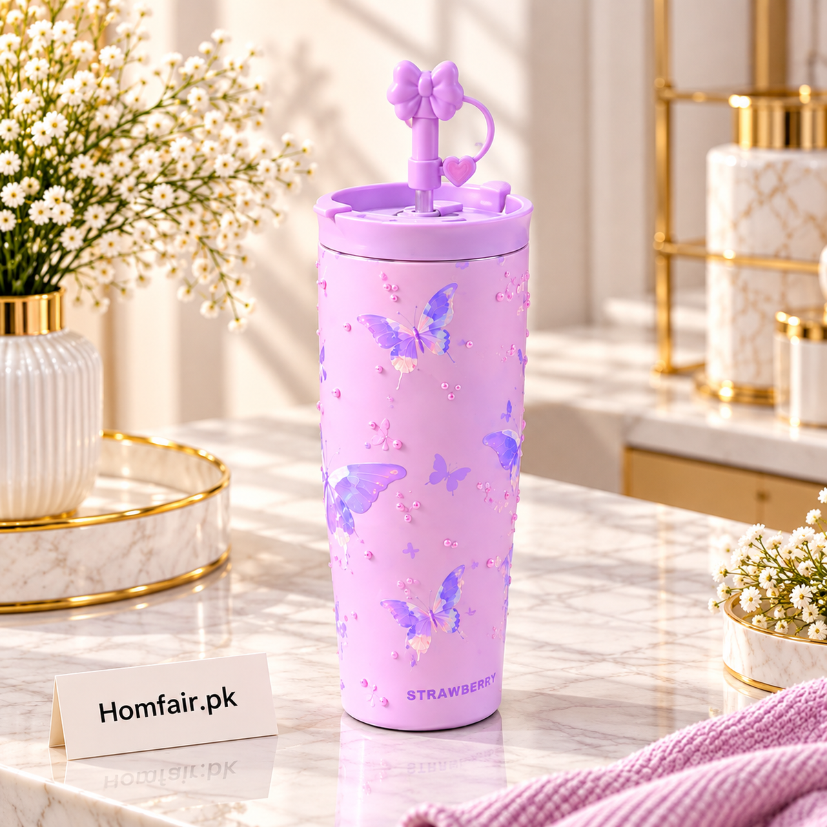 Sitarayuri Pink Bow & Pearl Design Tumbler with Decorative Straw Lid