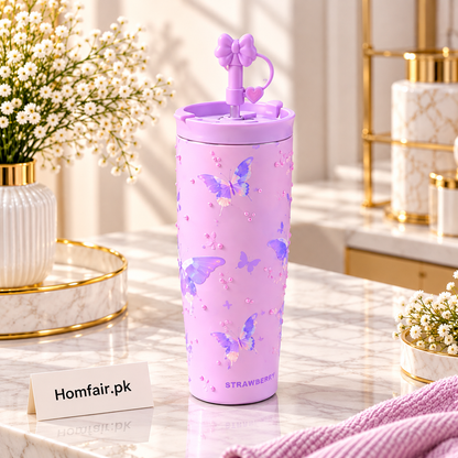 Sitarayuri Pink Bow & Pearl Design Tumbler with Decorative Straw Lid