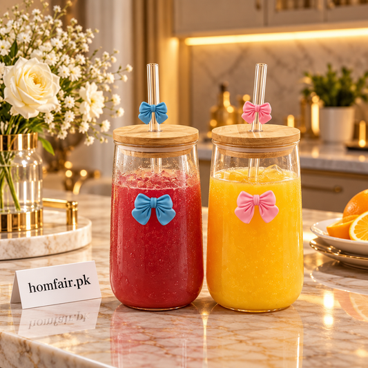 450ml Aesthetic Glass Tumbler with Straw & Bamboo Lid