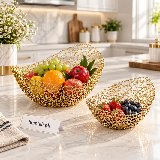 Gold Wire Mesh Decorative Basket Pair for Kitchen Countertop