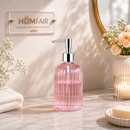 Glass Soap Dispenser Bottles with Silver Pump, 400ml Refillable Vertical Stripe Design (Random Colours)