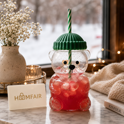 Bear Shaped Glass Tumbler with Straw & Lid – Cute Drinking Cup