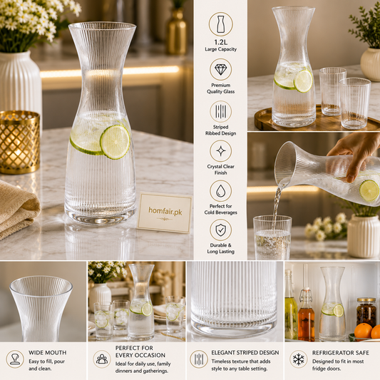 1.2L Danny Home Ribbed Glass Water Bottle with Wide Mouth