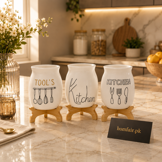 Ceramic Kitchen Utensil Holder Set with Wooden Stands – Hand-Illustrated Tool Organizers for Modern Kitchens | Homfair.pk