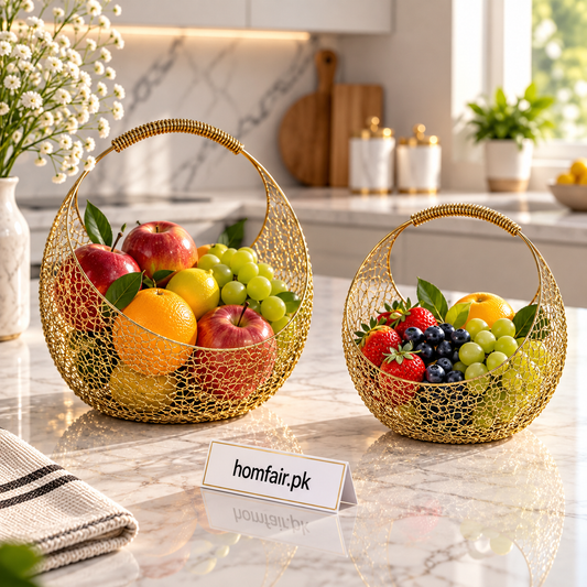 Gold Wire Mesh Decorative Basket Set with Coiled Handles