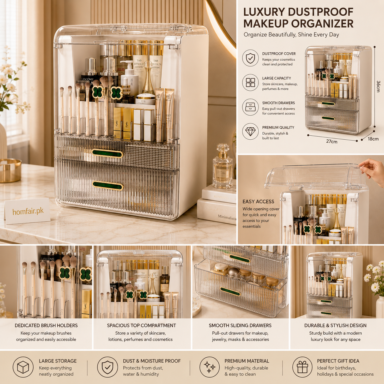 Luxury Dustproof Makeup Organizer with Drawers – Premium Cosmetic Storage Box
