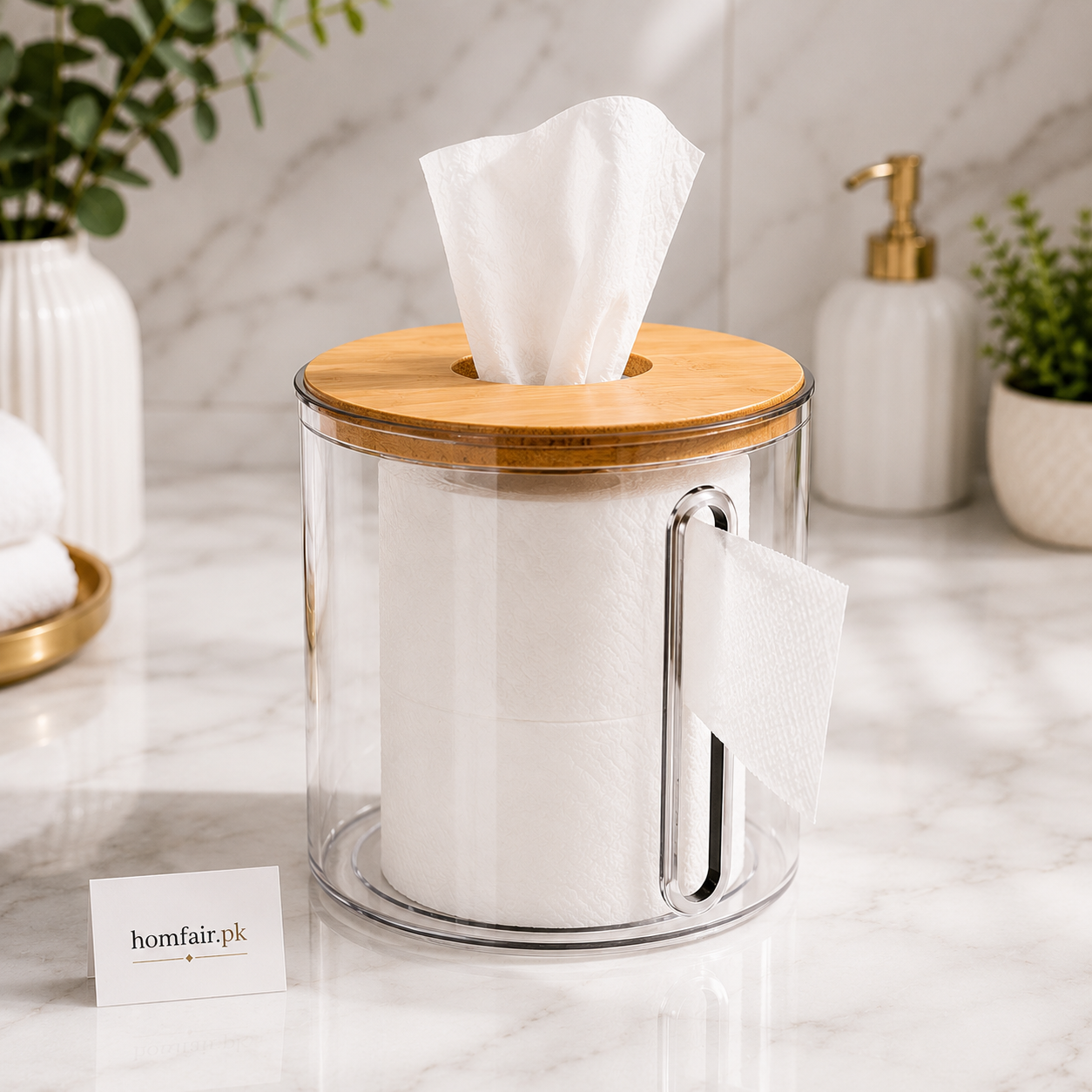 Premium Transparent Tissue Holder with Bamboo Lid & Side Tissue Slot