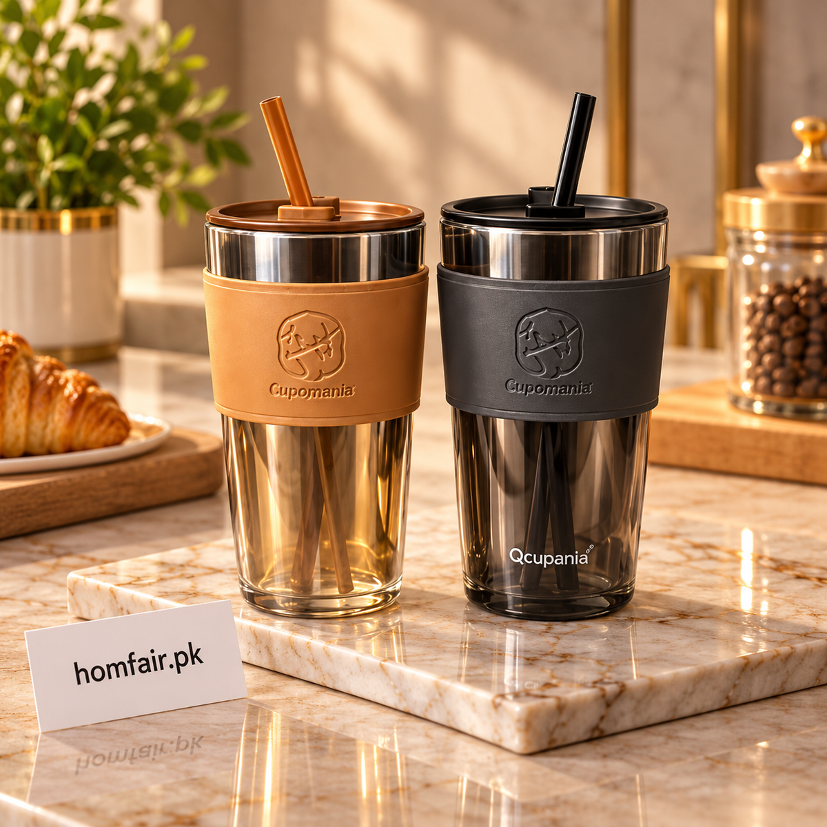 Gucgres Luxury Glass Tumbler with Insulated Leather Sleeve & Straw