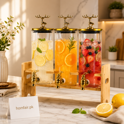 Luxury 3-Tier Glass Beverage Dispenser with Bamboo Stand & Golden Deer Lids
