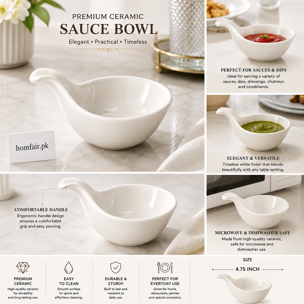 Premium Ceramic Sauce Bowl with Handle – 4.75 Inch