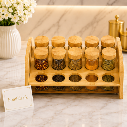 Premium 12 Jar Bamboo Spice Rack with Glass Spice Jars