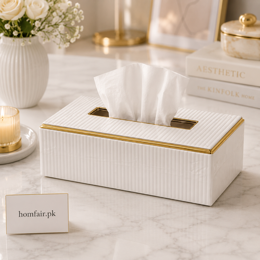 Luxury White Tissue Box Holder with Gold Trim – Premium Decorative Tissue Case for Home & Office