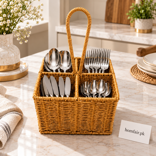 Woven Cutlery & Utensil Organizer Basket with Multiple Compartments