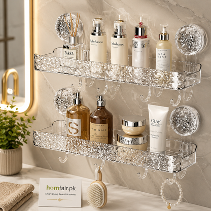 Luxury Suction Shelf With Hooks | Wall Mounted Bathroom Organizer