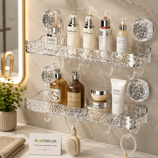 Luxury Suction Shelf With Hooks | Wall Mounted Bathroom Organizer