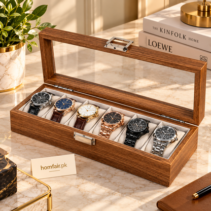 Luxury Wooden Watch Organizer Box with Transparent Glass Lid – 6 Watch Display Storage Case