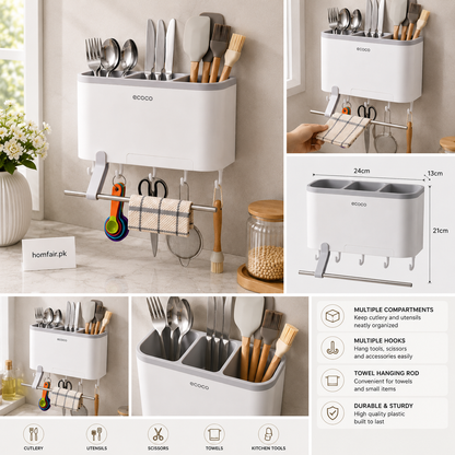 Ecoco Wall Mounted Kitchen Cutlery Holder & Utensil Organizer Multi-Compartment Storage Rack
