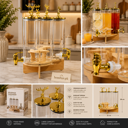Luxury 3-Jar Glass Beverage Dispenser with Bamboo Stand & Gold Taps