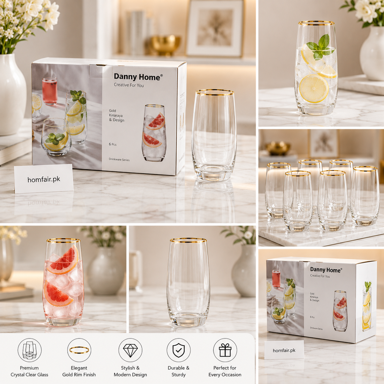 Danny Home Gold Rim Glass Cup Set 6 Pcs Premium Drinking Glasses