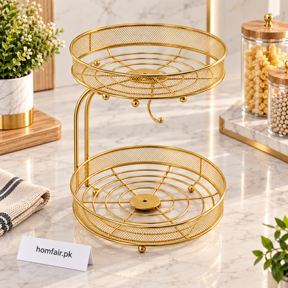 Luxury 2-Tier Gold Fruit Basket Stand with Banana Hanger Hook