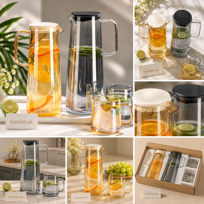 1800ml Heat Resistant Glass Water Pitcher with Lid & Glass Mug