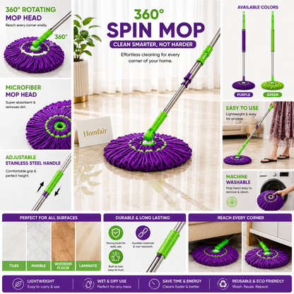 360° Microfiber Floor Cleaning Mop with Adjustable Stainless Steel Handle