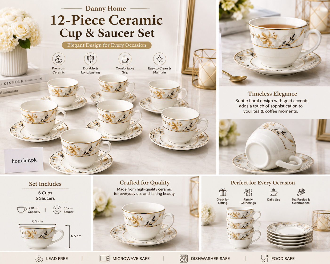 Danny Home 12-Piece Floral Cup & Saucer Set – 190 ml
